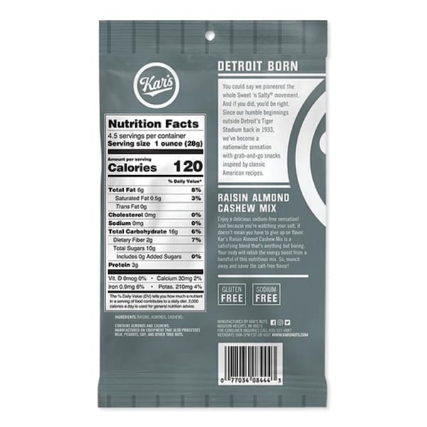 Kars Fresh Harvest Trail Mix, Raisin Almond Cashew, 4.5 oz Bag, PK12, 12PK KAR08444 - main